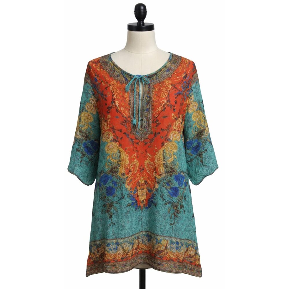 Urban Coco Tunic Top Womens Small Vibrant BOHO‎ Wearable Art Abstract 3/4 Sleeve